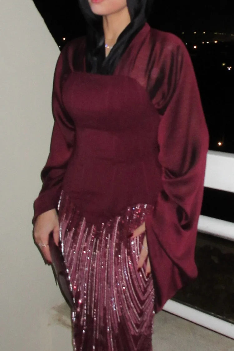 Sequin Embroidery Corset V Neck Bell Sleeve Party Maxi Dress