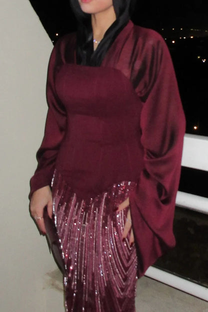 Sequin Embroidery Corset V Neck Bell Sleeve Party Maxi Dress