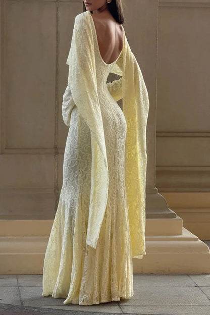 Jacquard Square Neck Backless Streamer Lace Party Maxi Dress