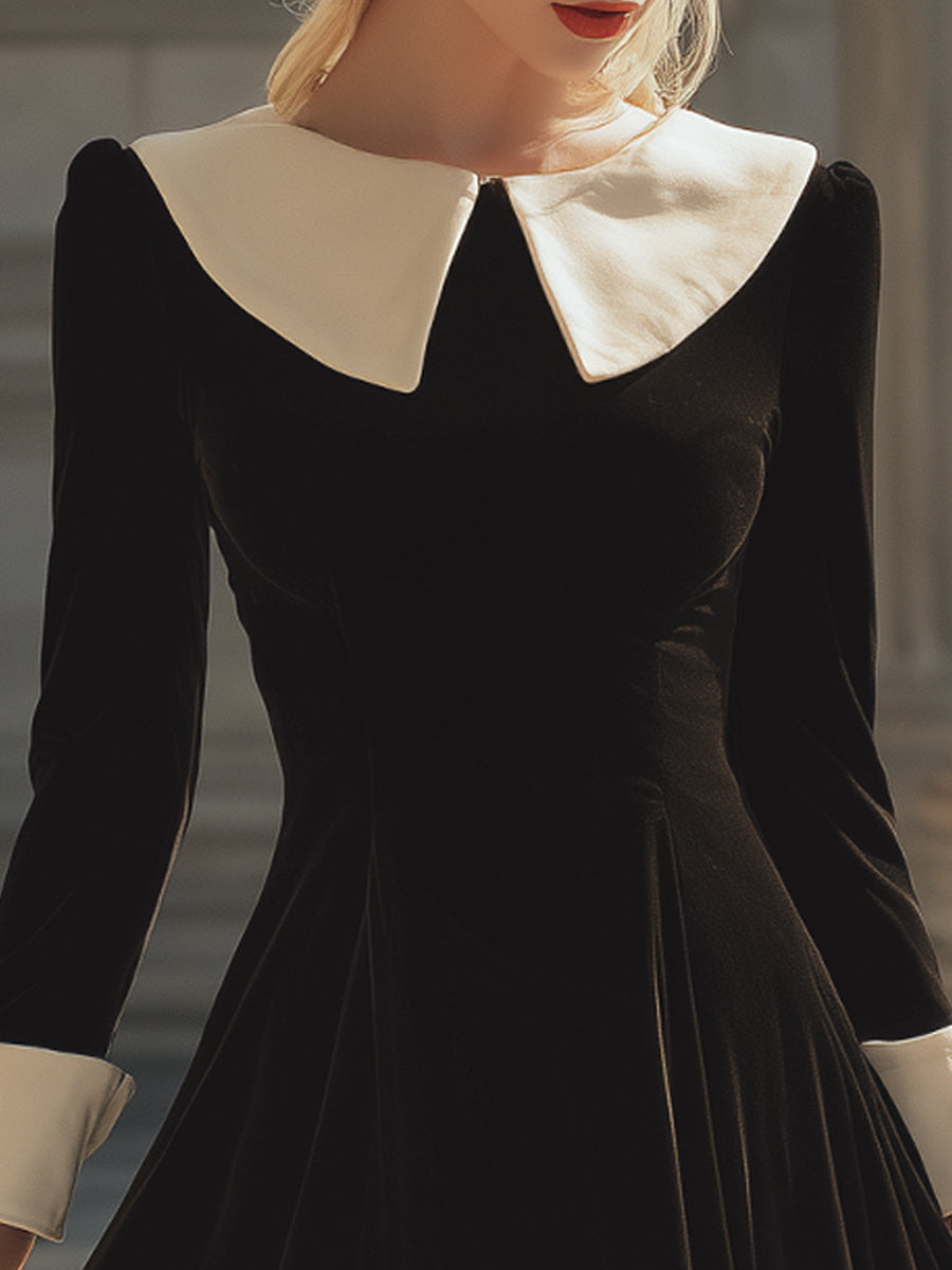Vintage Contrast-Collar Velvet A-Line Dress