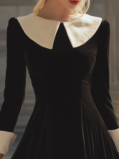 Vintage Contrast-Collar Velvet A-Line Dress