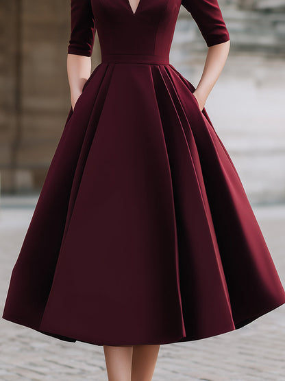 Elegant Deep V-Neck Structured A-Line Midi Dress