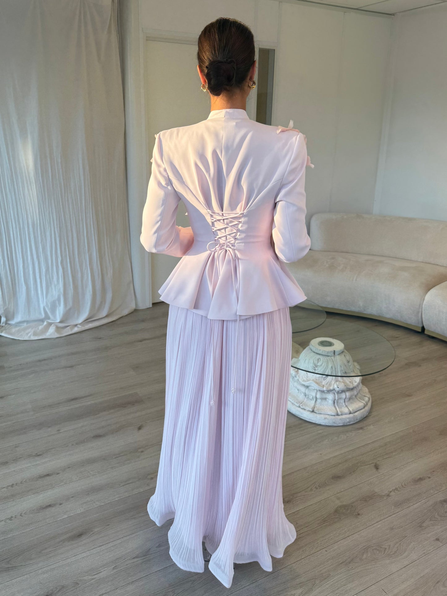 Pink Two-Piece Butterfly Long Sleeves Drapey Long Evening Formal Dress