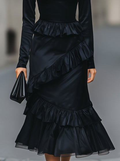 Luxe Turtleneck Asymmetric Ruffle Midi Dress