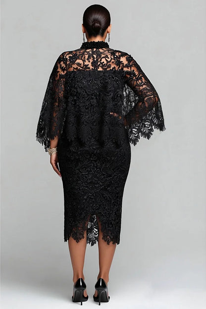 Cocktail Party Black Mock Neck Cape Sleeve 3/4 Sleeve Bodycon Midi Dresses