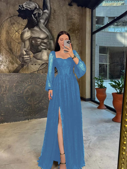 Lantern Long Sleeves Long A-Line Pleated Prom Dress With Split And Corset