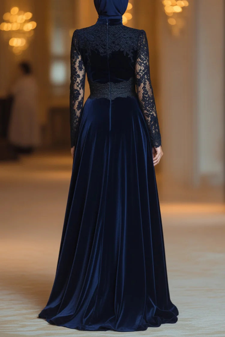 Sheer Lace High Neck Cinch Waist Velvet Party Maxi Dress