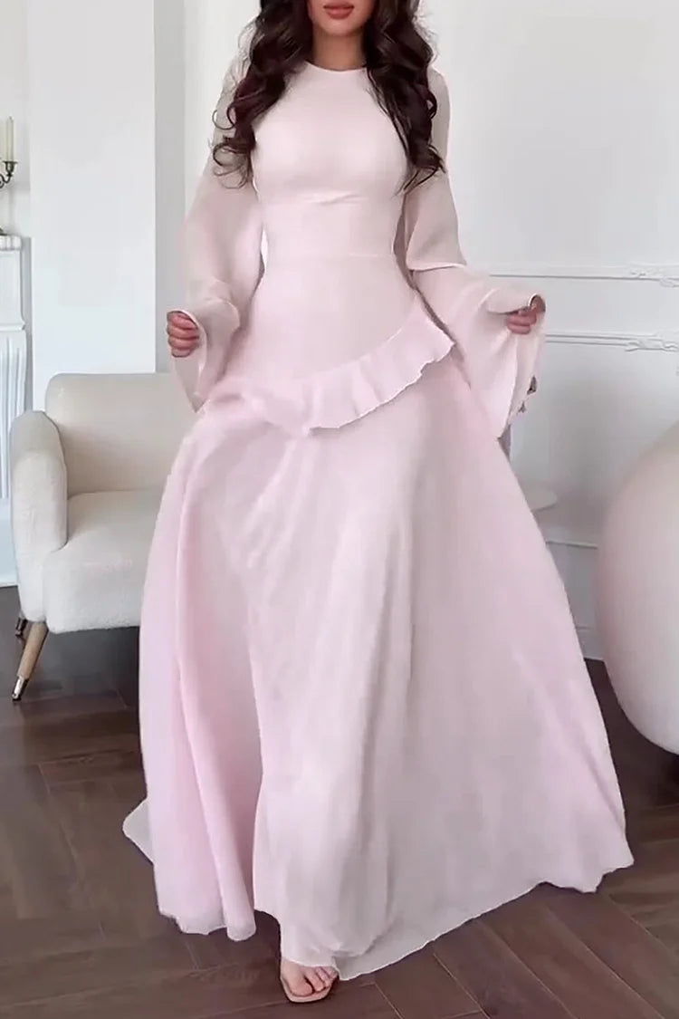 Round Neck Flare Sleeve Ruffled Solid Color Maxi Dresses