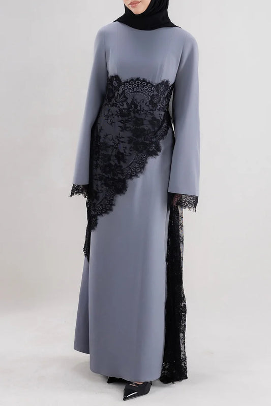 Lace Overlay Patchwork Long Sleeve Party Maxi Dress