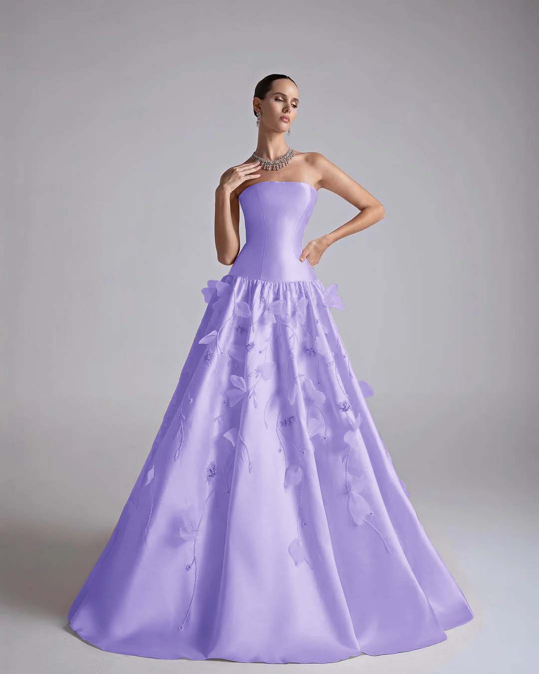 Strapless Sleeveless Long A-Line Prom Dress With Flower Appliqués And Beadings