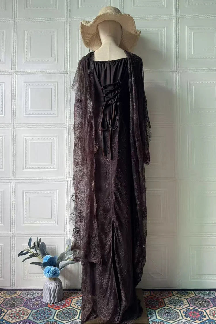 Lace Trim See Through High Neck Tied Slit Hem Maxi Dress