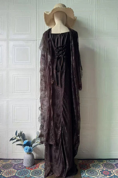 Lace Trim See Through High Neck Tied Slit Hem Maxi Dress