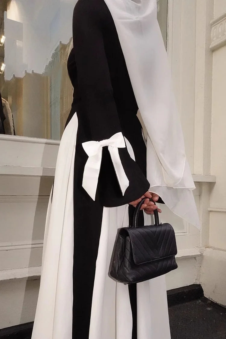 Bow Decor Long Sleeve Round Neck Colorblock Party Maxi Dresses