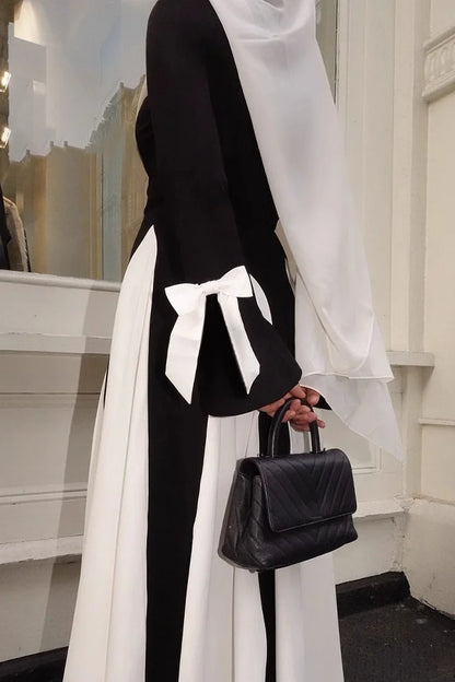 Bow Decor Long Sleeve Round Neck Colorblock Party Maxi Dresses