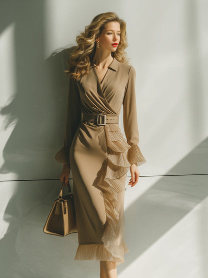Khaki Long-Sleeve Wrap Midi Dress With Pleated Ruffle Trim