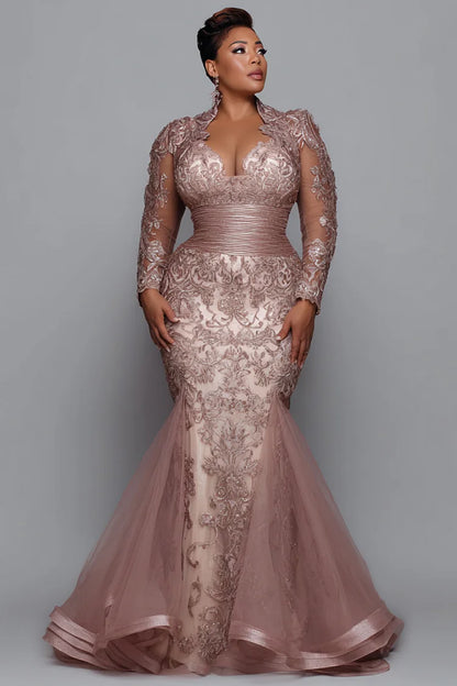 Pink V Neck Long Sleeve Mermaid Elegant See Through Tulle Lace Maxi Dress