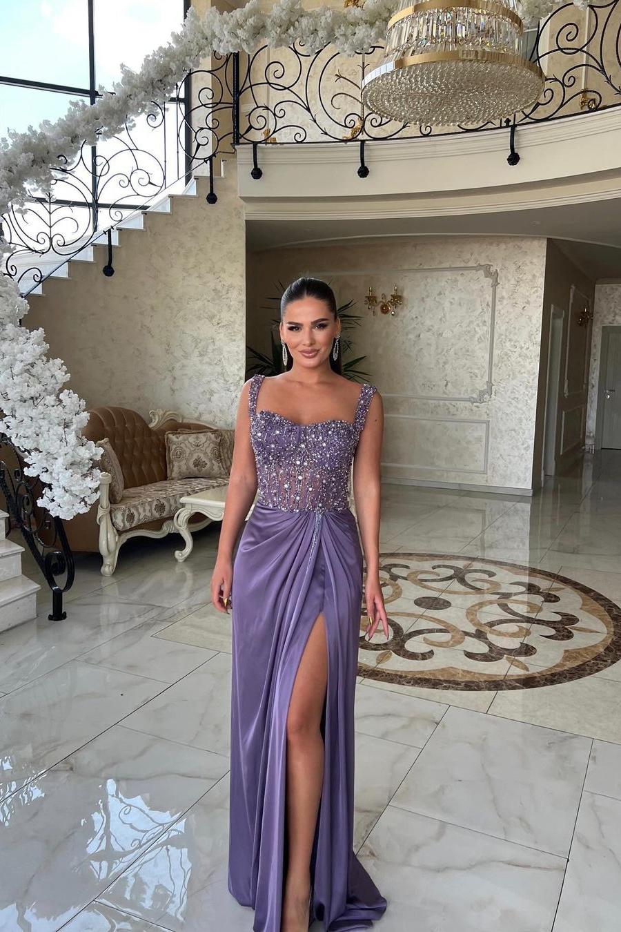 Spaghetti Strap Sleeveless Long Split Prom Dress With Beading