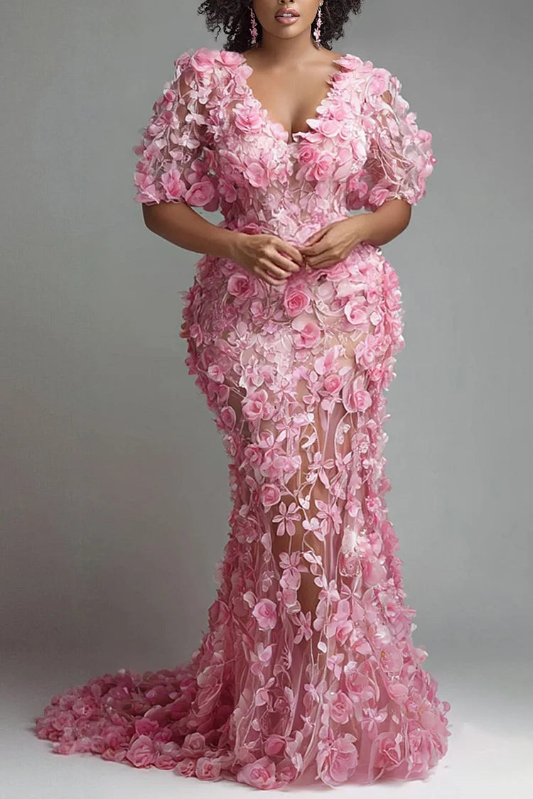 Formal Pink V Neck Short Sleeve 3D Elegant Mermaid Maxi Dress