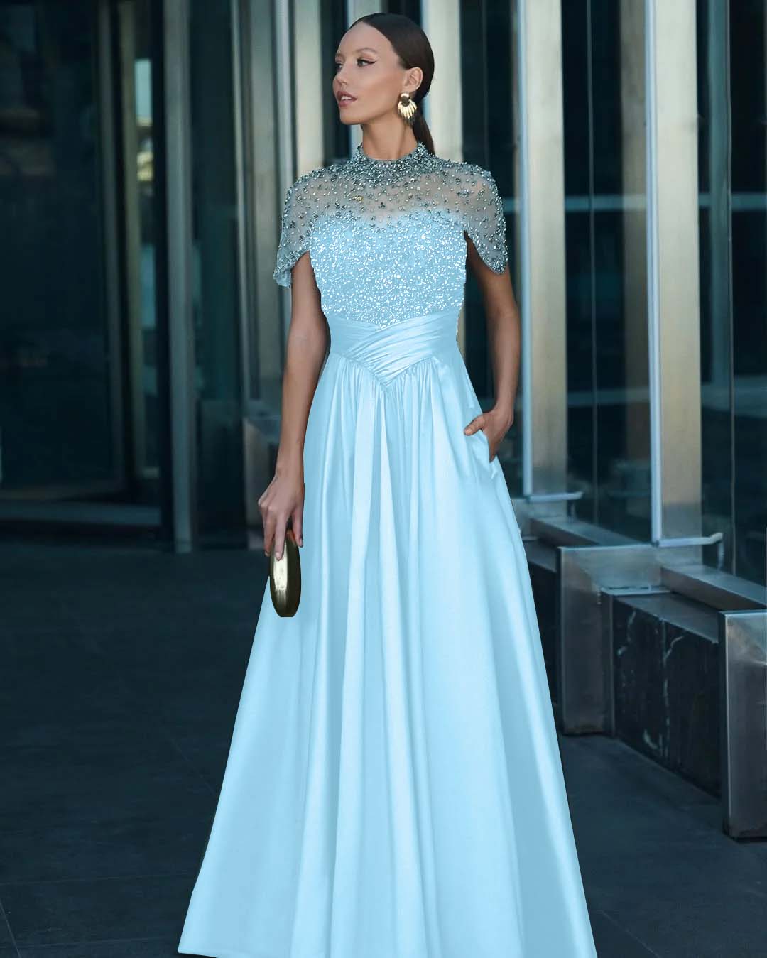 High-Neck Short Sleeves Long A-Line Pleated Prom Dress With Pockets And Beadings
