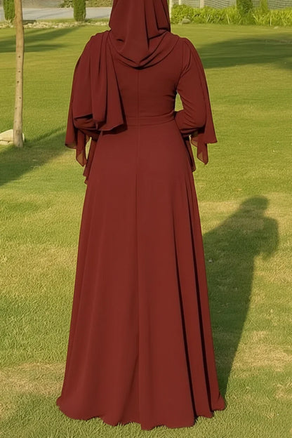 Plain Layered Flared Sleeve Cinch Waist Party Maxi Dress