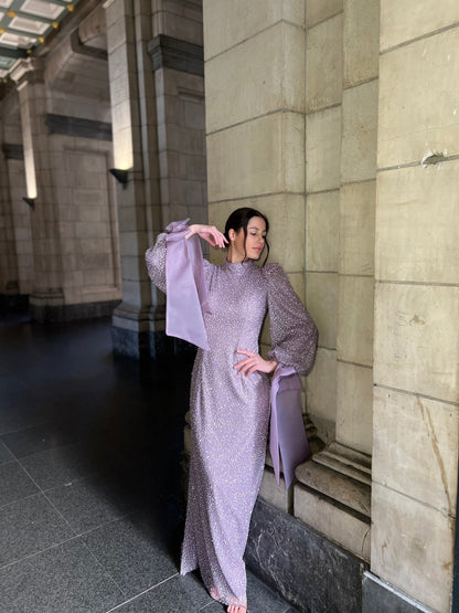 Lilac Beaded High Neck Bowknot Long Sleeves Evening Formal Dress