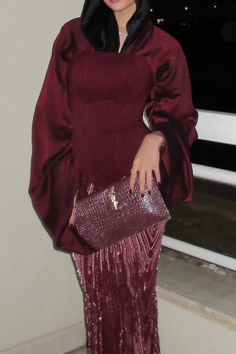 Sequin Embroidery Corset V Neck Bell Sleeve Party Maxi Dress