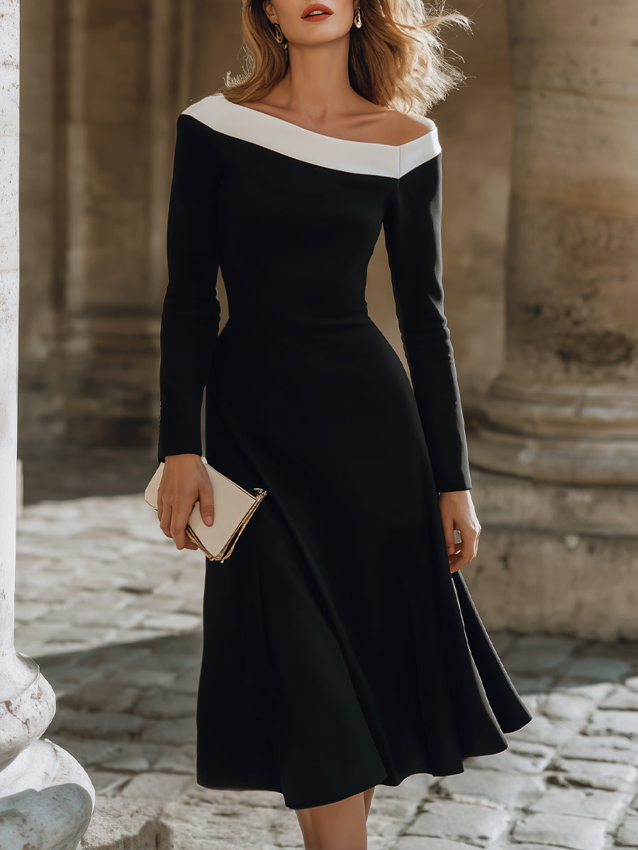 Black And White Off-Shoulder A-Line Dress