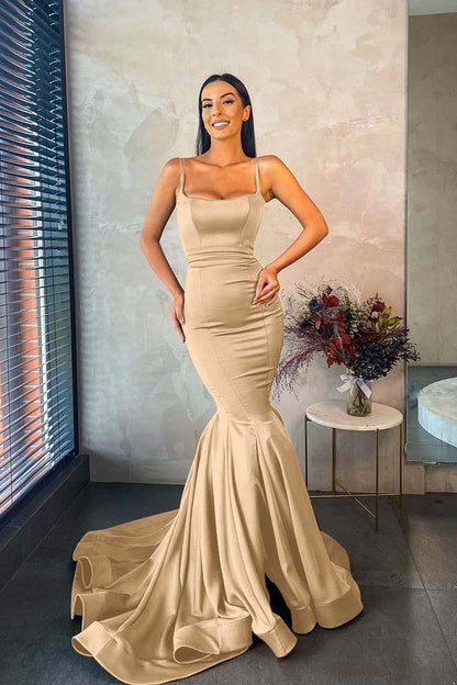 Spaghetti Strap Sleeveless Long Mermaid Prom Dress With Pleated