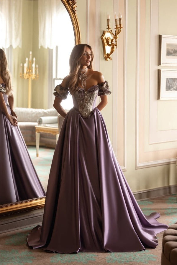 Short Sleeves Long A-Line Prom Dress With Embroidered And Pleated