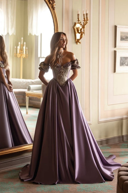 Short Sleeves Long A-Line Prom Dress With Embroidered And Pleated