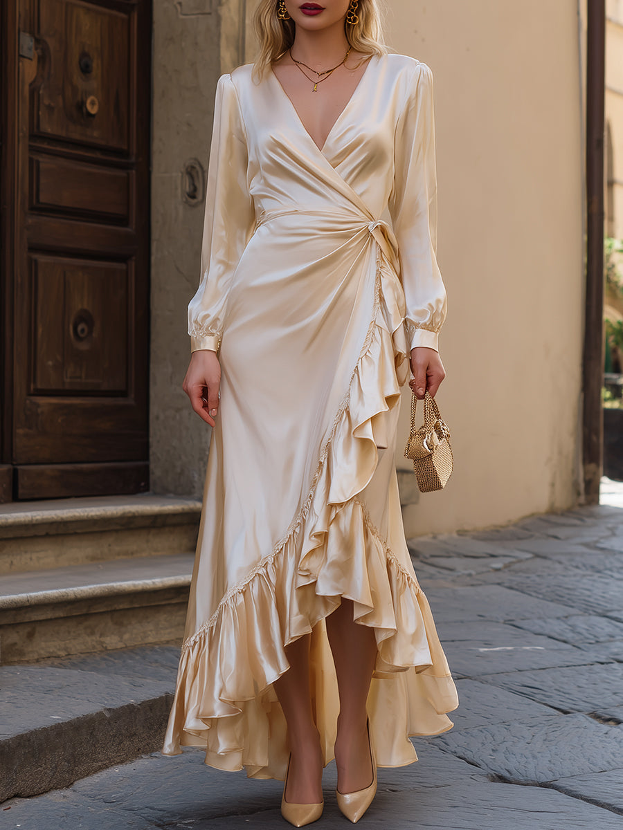 Elegant Satin Ruffle-Trim Wrap Dress In Ivory