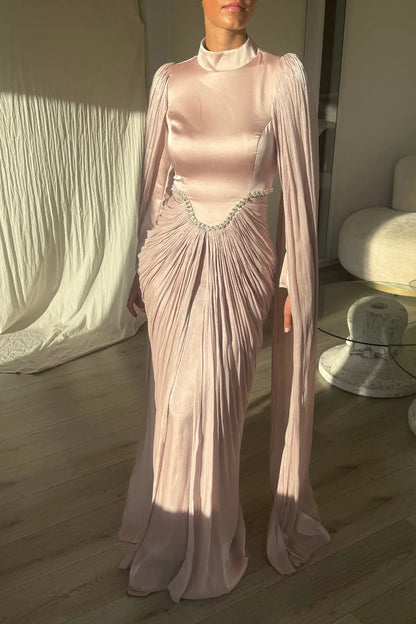 Rhinestone Cape Sleeve Ruched High Neck Party Maxi Dress