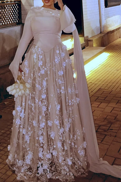 3D Floral Embroidery Corset Streamer Slit Cuff Party Maxi Dress