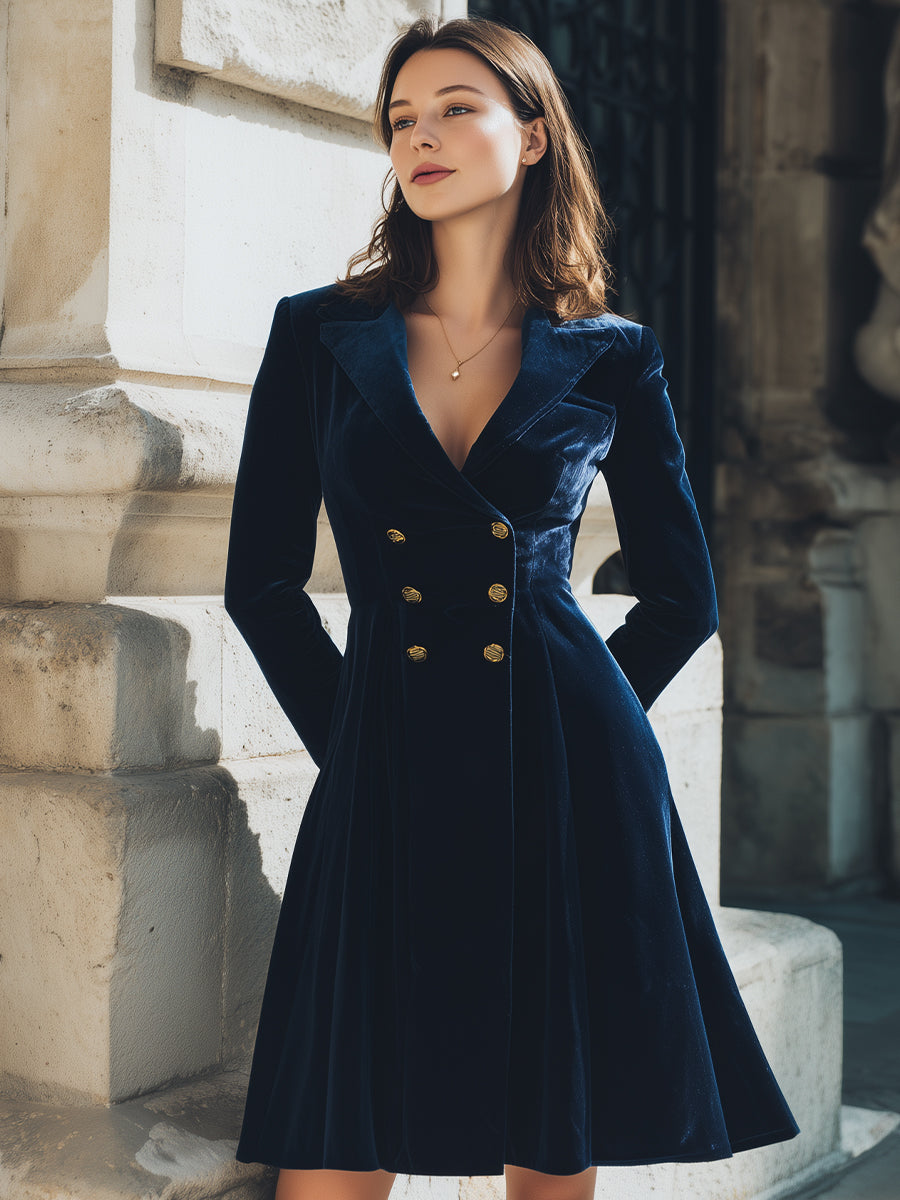 Navy Velvet Double-Breasted Blazer Dress