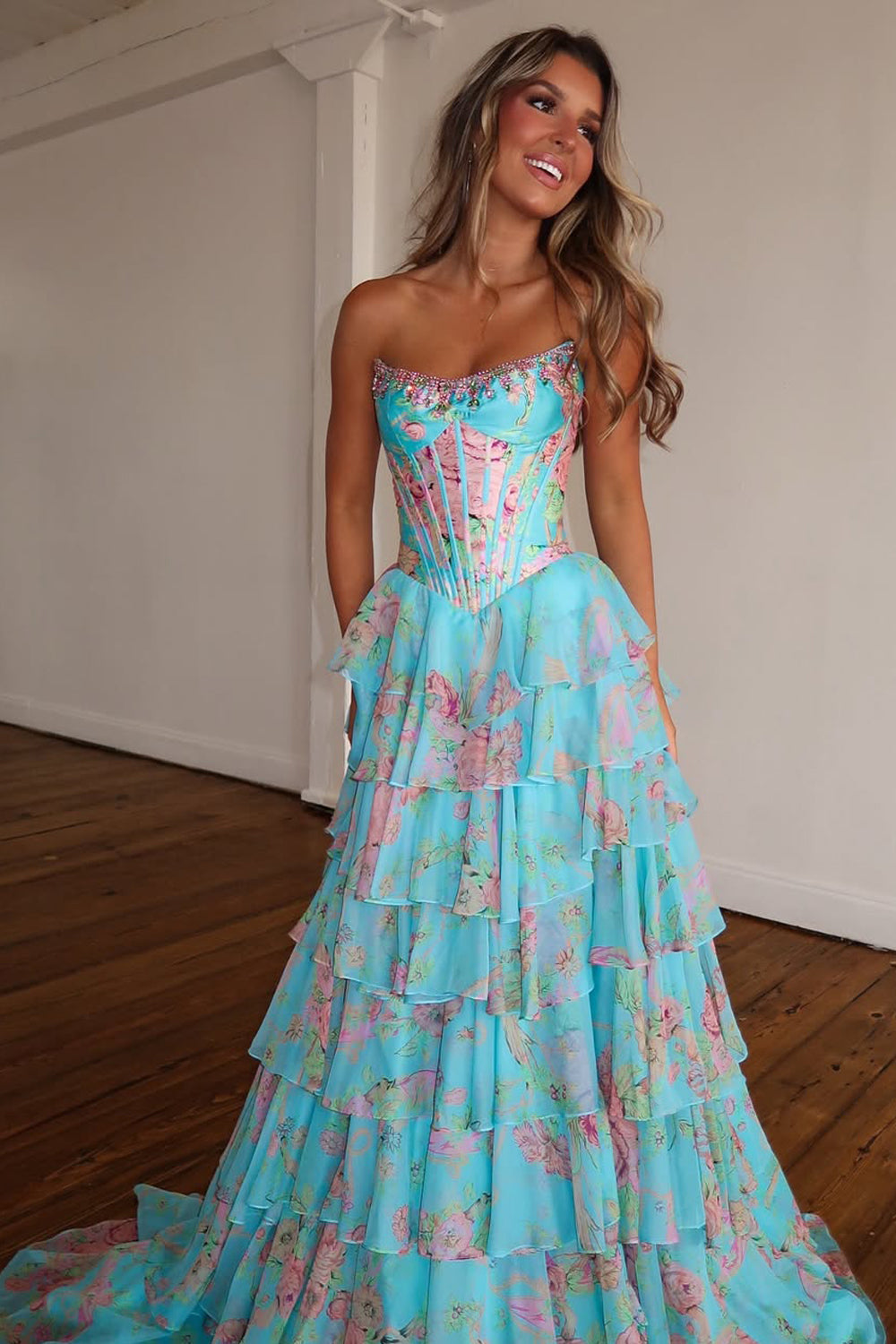 New Arrival A Line Scoop Neck Floral Chiffon Prom Dress with Beading