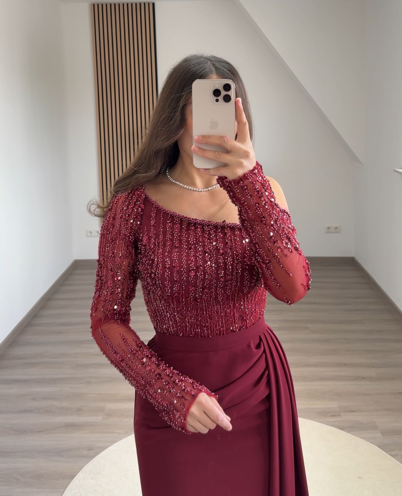 Long Sleeves Off-Shoulder Empire-Waist Evening Dress
