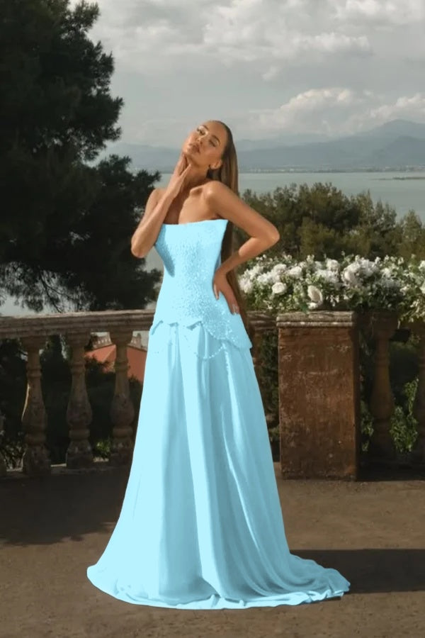 Chiffon Strapless Sleeveless Long A-Line Prom Dress With Beadings And Pearls