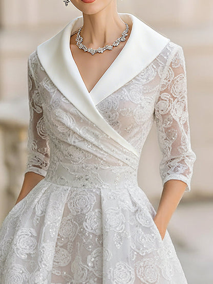 Elegant Lace Midi Dress With White Shawl Collar