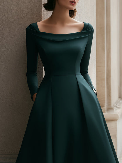Off-Shoulder Pleated Forest Green Midi Dress