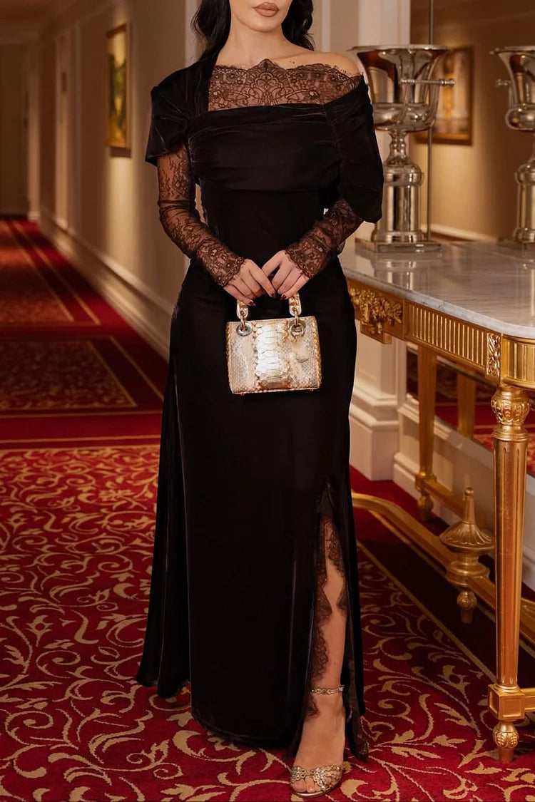 Asymmetric Collar Slit Lace Patch Velvet Maxi Dress