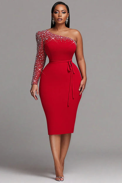 Cocktail Party Red One Shoulder Long Sleeve Drilling Elegant Bodycon Midi Dress