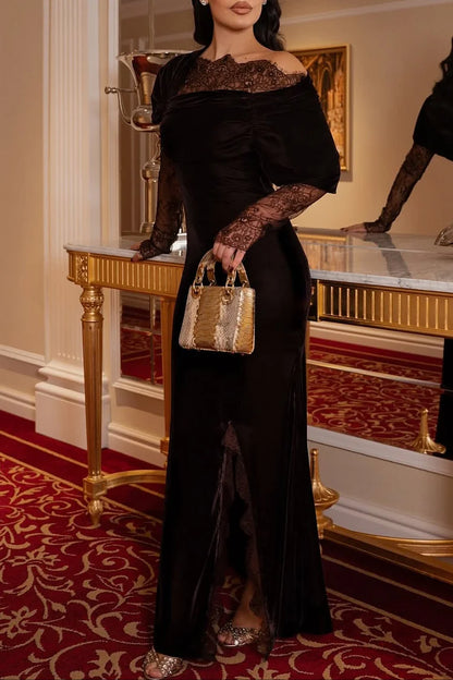 Asymmetric Collar Slit Lace Patch Velvet Maxi Dress