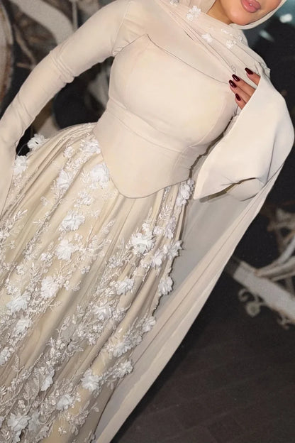 3D Floral Embroidery Corset Streamer Slit Cuff Party Maxi Dress