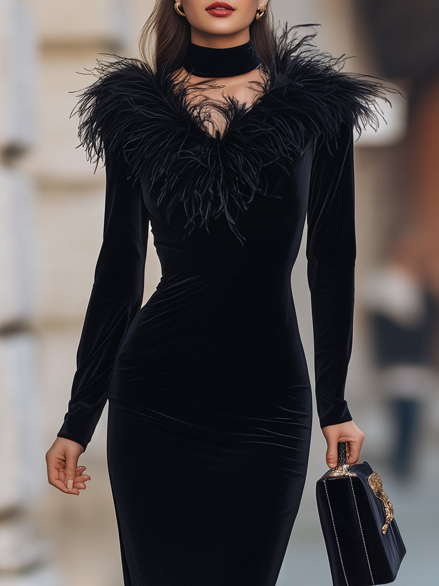 Glamorous Black Velvet Gown With Feather Accents