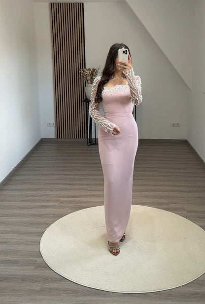 Long Sleeves Sweetheart Ruched Evening Dress