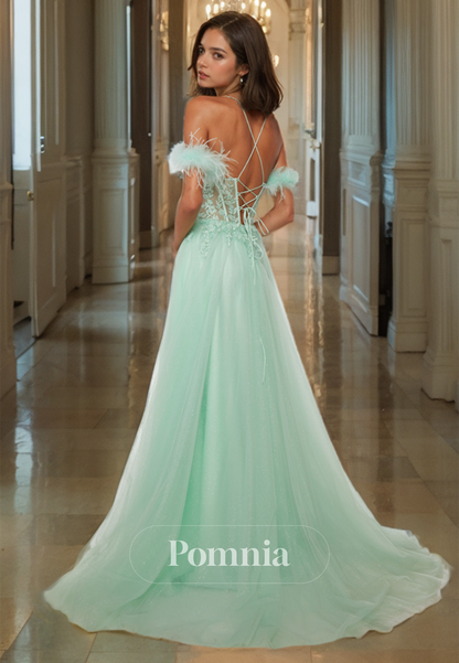 Mint Green Lace Corset Tulle Appliques Evening Dress with Slit Feathers Lace-Up Back Prom Party Dress