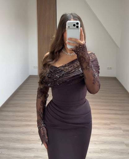 Sheath One Shoulder Long Sleeves Appliques Evening Dress