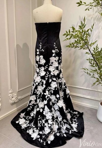 3D Floral Sleeveless Strapless Black and White Mermaid Prom Dress