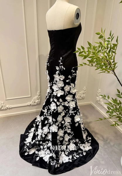 3D Floral Sleeveless Strapless Black and White Mermaid Prom Dress