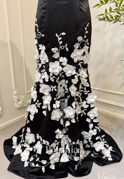 3D Floral Sleeveless Strapless Black and White Mermaid Prom Dress